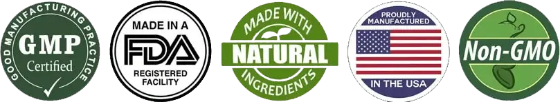 A row of five small brand badges reading GMP, FDA registered facility, natural ingredients, made in USA and non-GMO