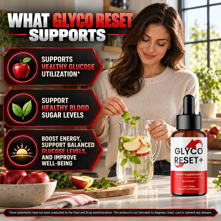 Brand graphic of a woman adding mint to a pitcher of apple-slice water, with three claim panels about glucose and energy