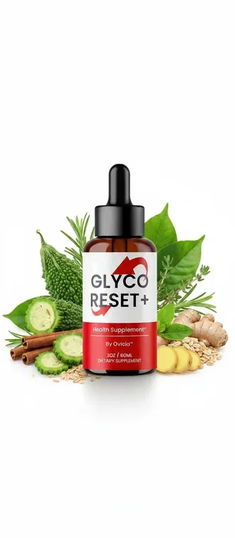 An amber Glyco Reset+ bottle on a table with bitter melon, cinnamon sticks, ginger root and rosemary around it