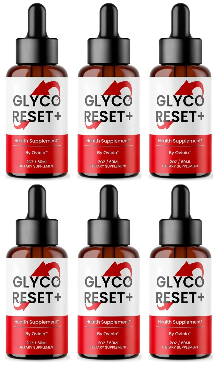 Six amber Glyco Reset+ dropper bottles in two rows