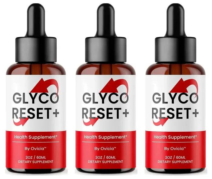 Three amber Glyco Reset+ dropper bottles in a row